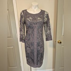 Sue Wong Ribbon Trim Illusion Bodice Lace Sheath Cocktail Dress(14)